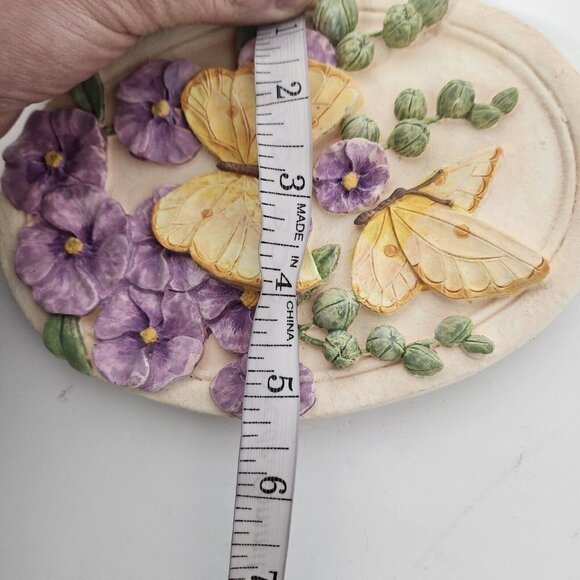 Vintage Butterfly Flower Wall Plaque 3D Oval Chalkware Home Decor Purple Yellow - Picture 8 of 8